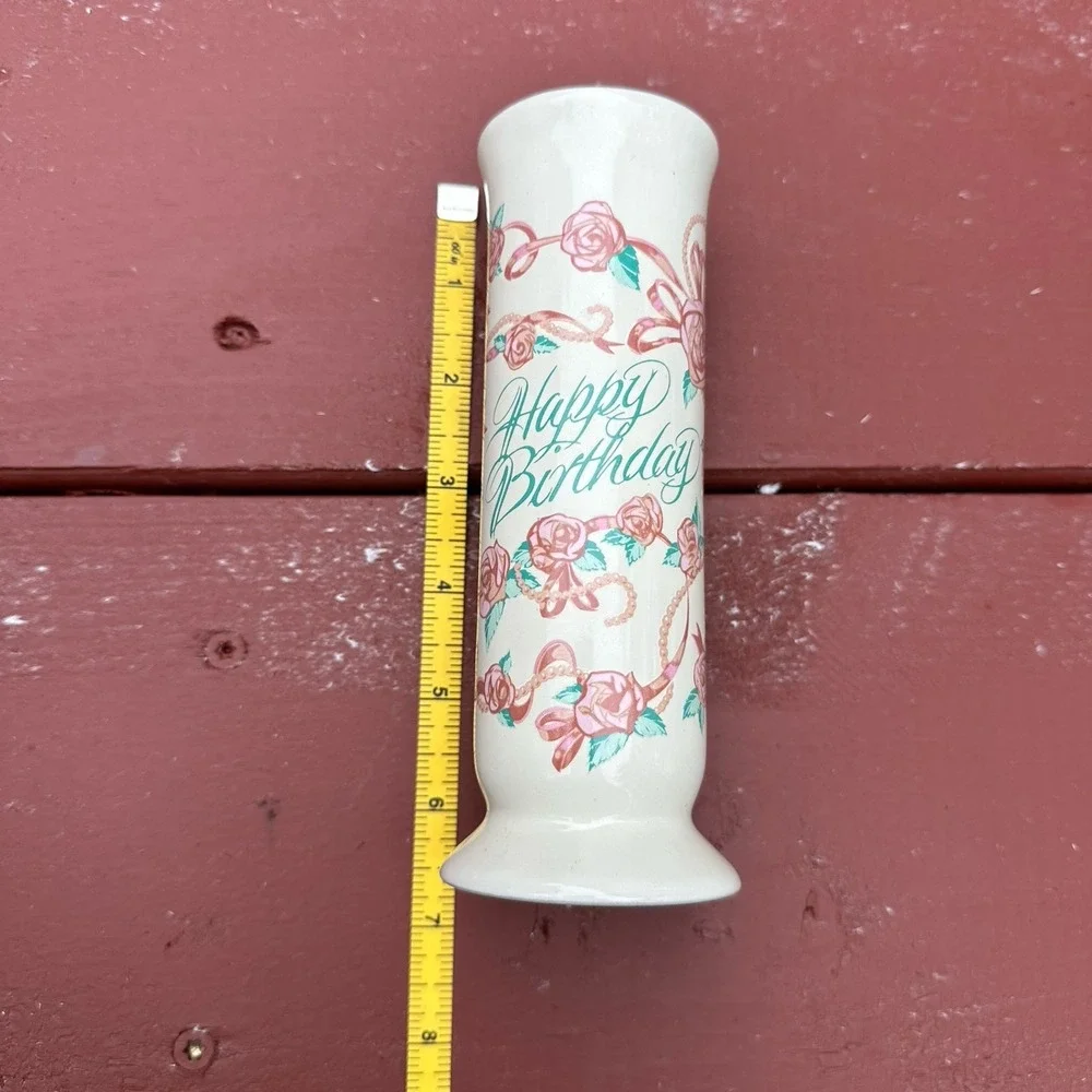 FTD VTG Bud Vase Happy Birthday Cream Off White W/Pink Roses Thailand 6.5